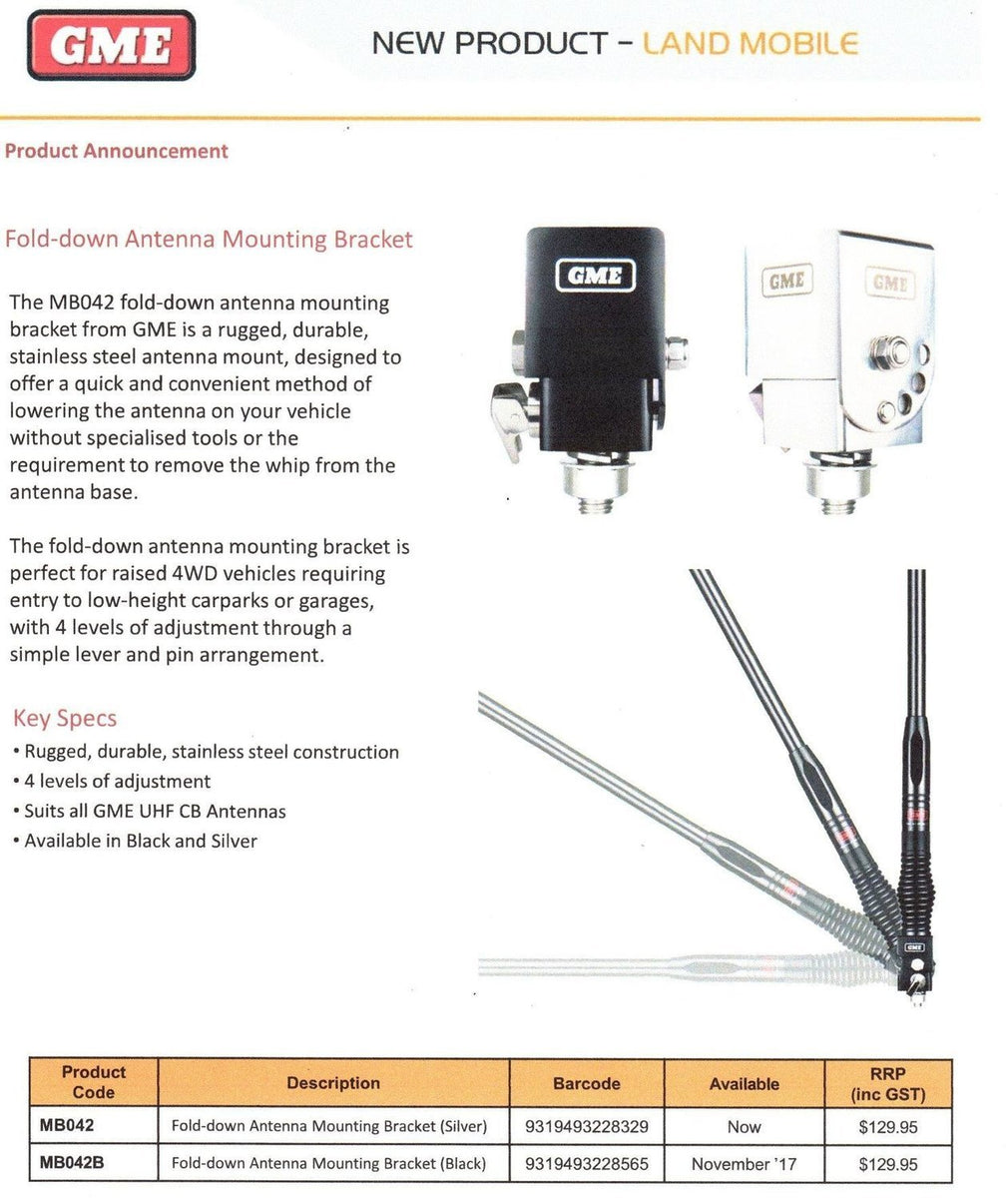 GME MB042B BLACK. UHF FOLD DOWN ANTENNA MOUNTING BRACKET 4wd