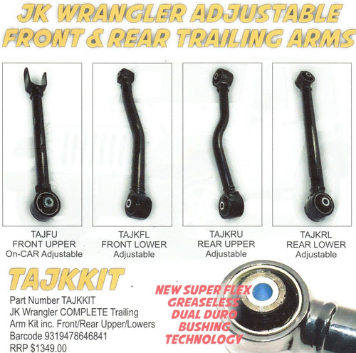 ROADSAFE ADJUSTABLE TRAILING ARM KIT. JEEP JK WRANGLER FRONT & REAR UPPER & LOWER ARMS